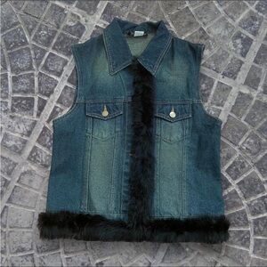 Rabbit Fur Trim Denim Vest